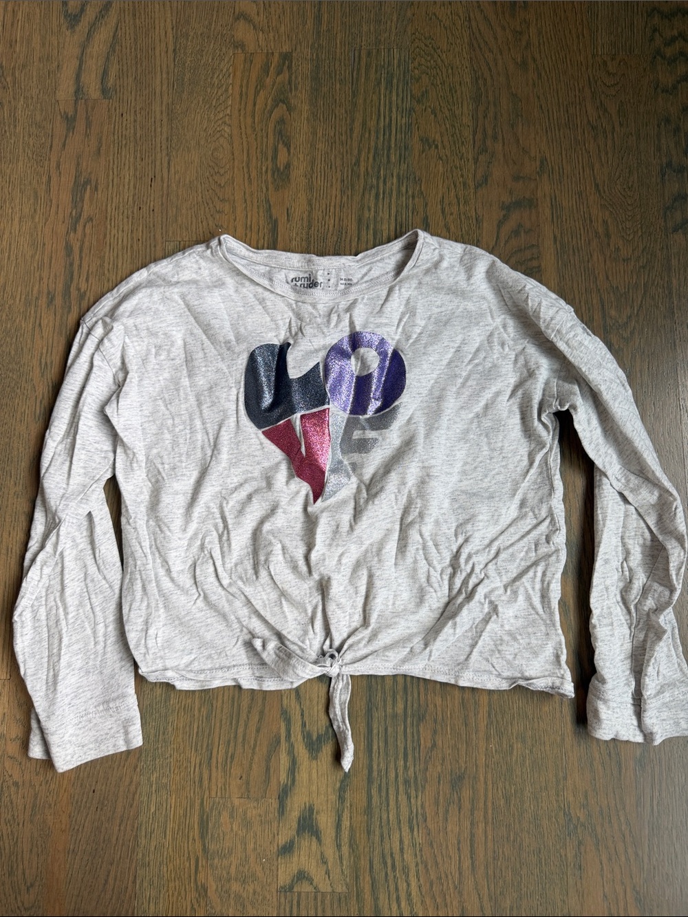 Light Gray Kids Long-Sleeve Tie-Front Top with Colorblock LOVE Graphic